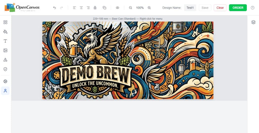 OpenCanvas Studio with a sample wide-format beer can label design on the print-safe canvas